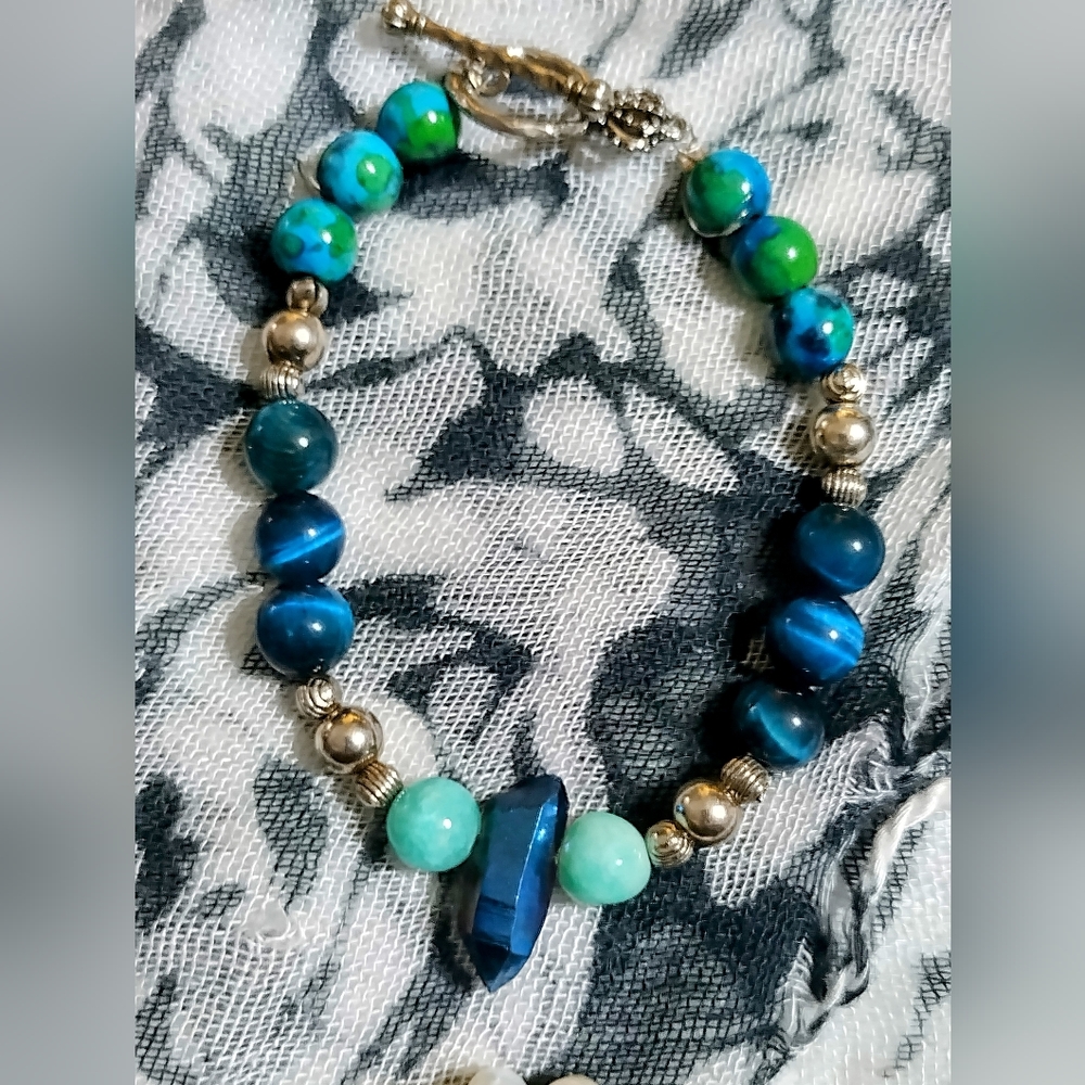 Amazing Blue Peacock Opal, Blue Tiger Eye, Blue Obsidian  and Sterling Silver Br